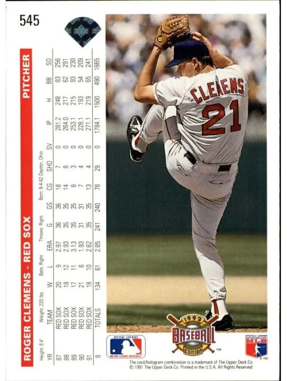 Roger Clemens 1992 Upper Deck MLB #545 Baseball Card Boston Red Sox